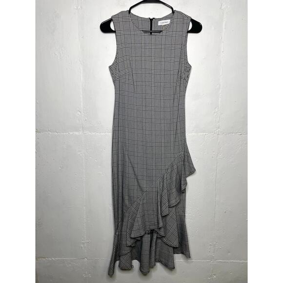 Calvin Klein Size 6R  Black White Houndstooth Sleeveless Ruffled Tulip Dress - Picture 1 of 7
